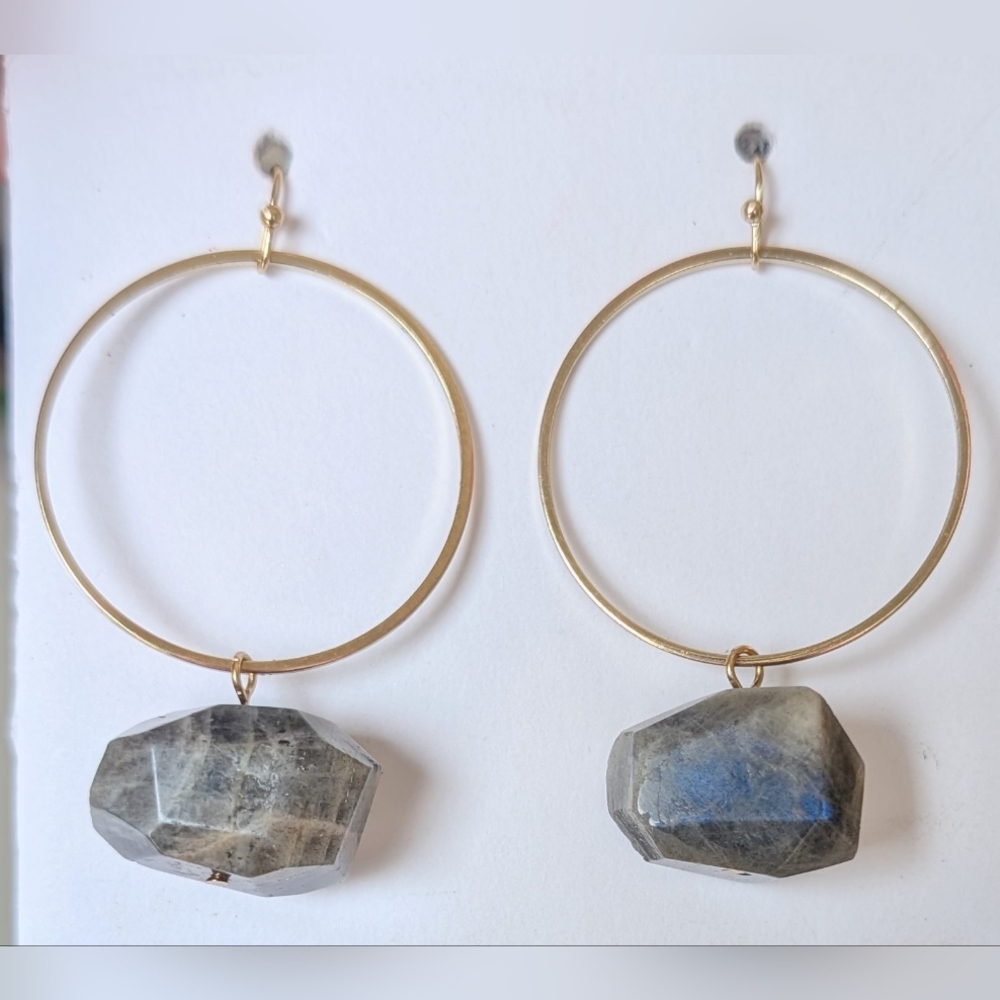 Anthropologie Labradorite Gold Plated Hoop Earrings Boho Gemstone Drop
